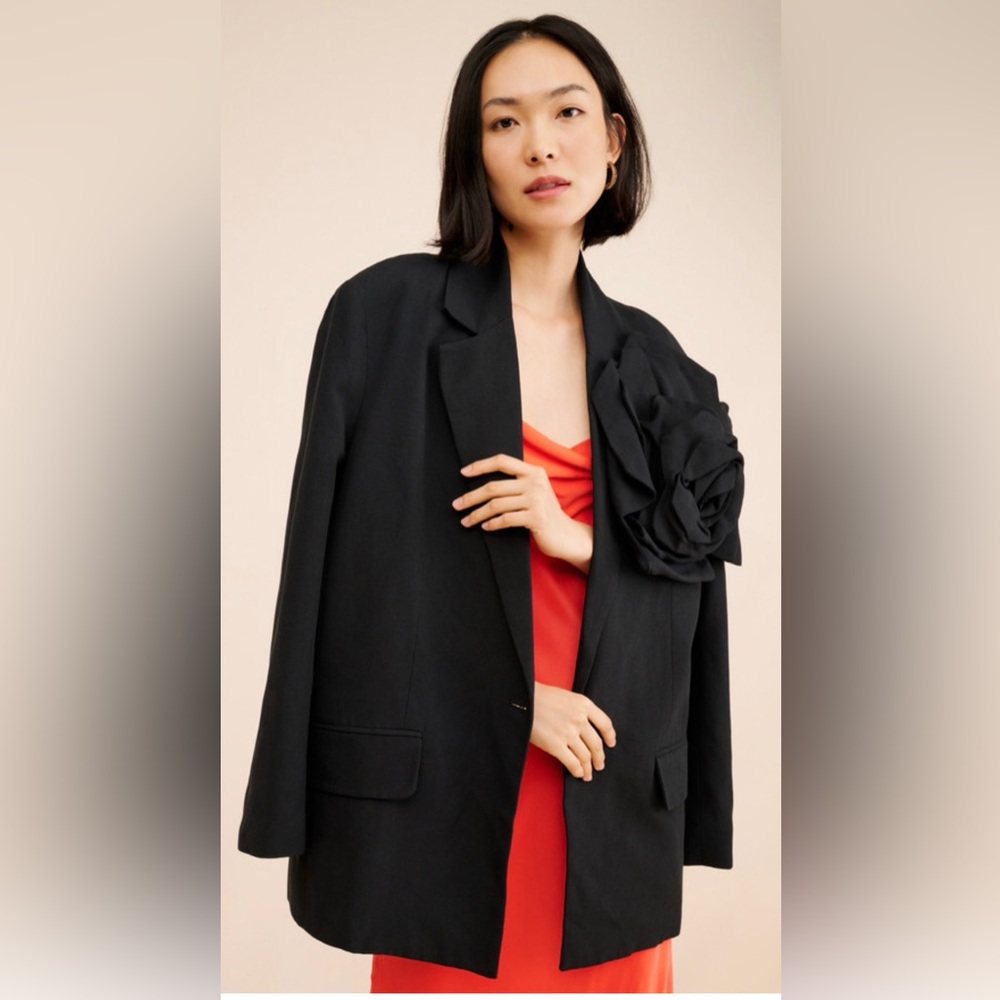 FARM Rio Black Oversized Blazer with Statement Rosette